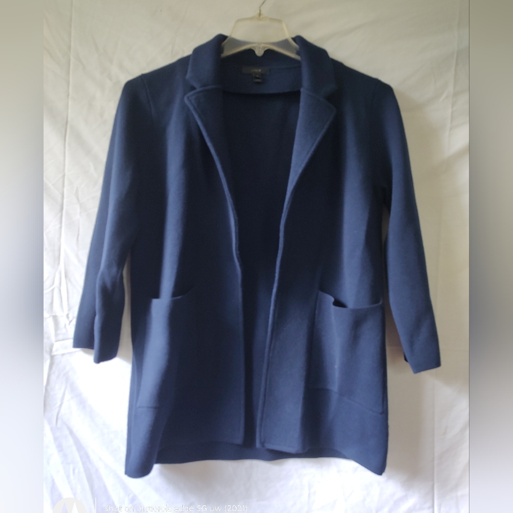 Women's Navy Blue Open Front Jacket JCrew Thick Cardigan Size Small 100% Merino - Picture 2 of 5